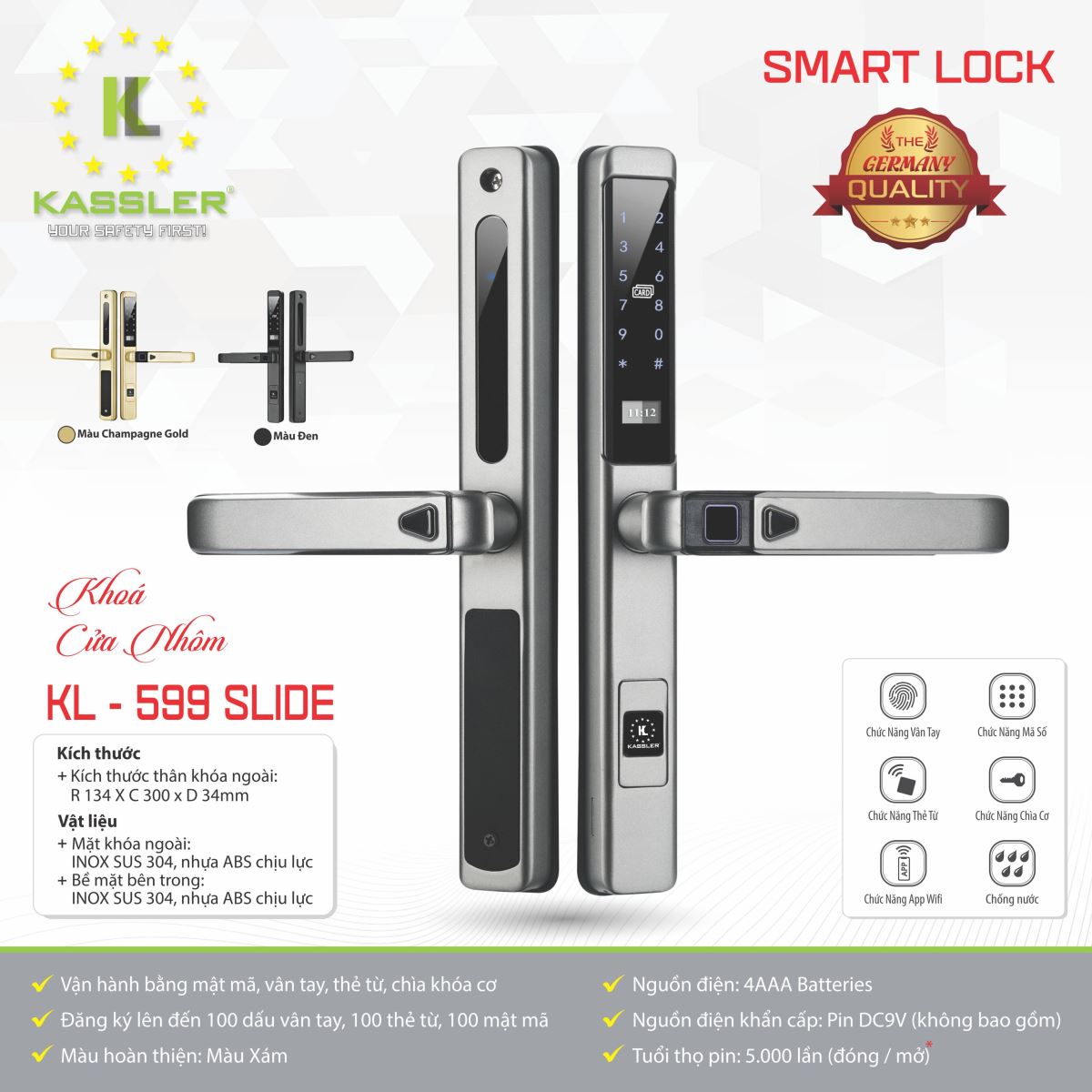 Khóa Cửa Nhôm Kassler KL599 SLIDE App Wifi 1 khoa van tay cua nhom kassler kl599 pro 2